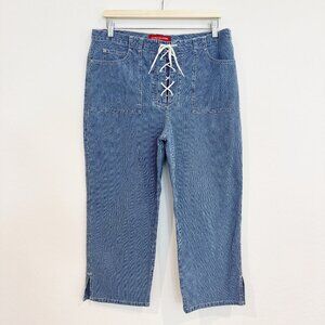 Gloria Vanderbilt Pinstripe Lace Up Sailor Cropped Capri Pants Boho Plus Size 14